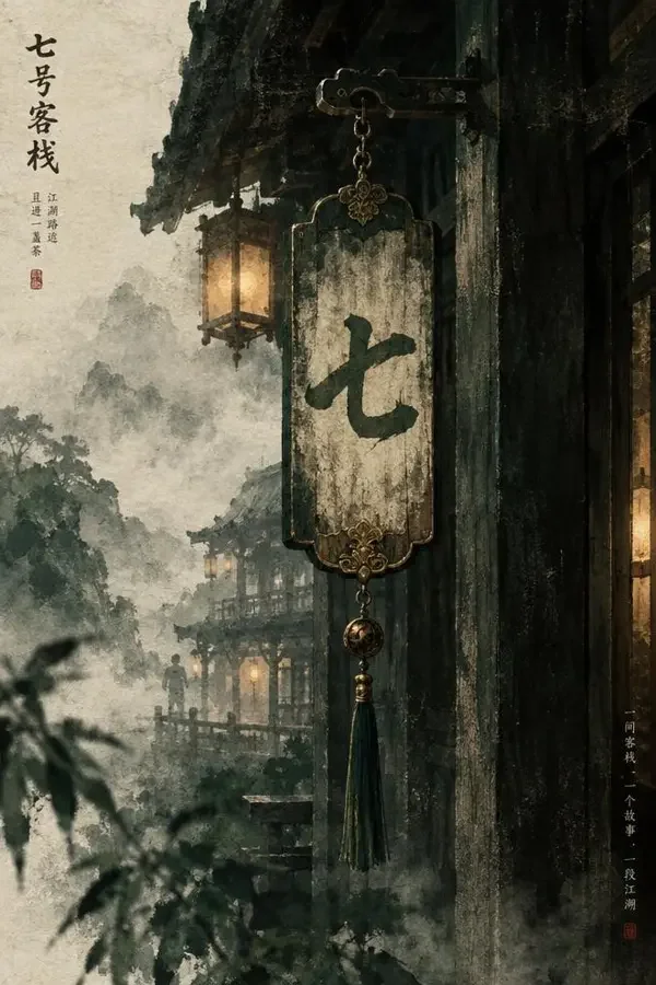 房号七的秘密 · 91成人短剧主推剧目 《房号七的秘密》主视觉封面,木质七号房牌与客栈账册,江湖悬疑题材